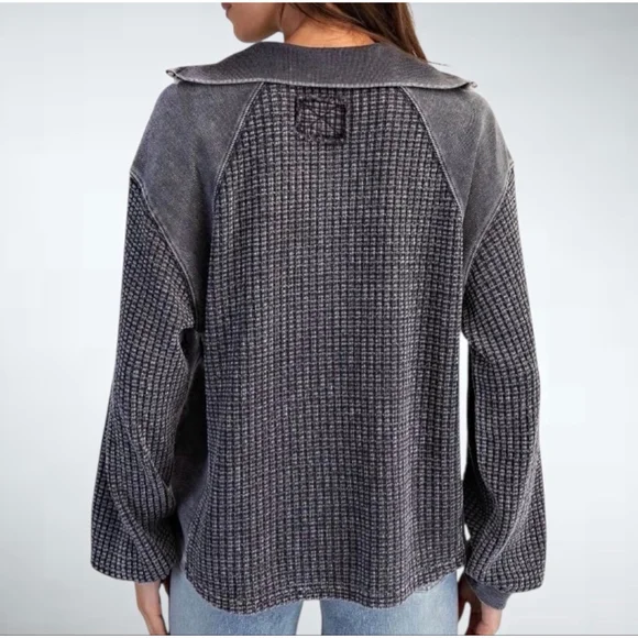 Easel Women's Thermal Waffle Knit Zip-Up Washed Long Sleeve Top Mulberry Size S - Picture 2 of 9